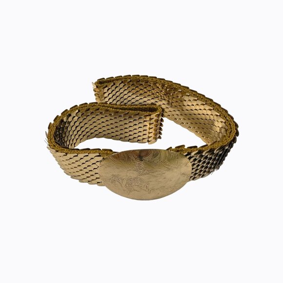 Vintage Metallic Gold Fish Scale Belt Lg-1X Slinky Stretch Oval Buckle 70s Disco - Picture 1 of 9